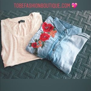 Denim button down shirt with grey tank top